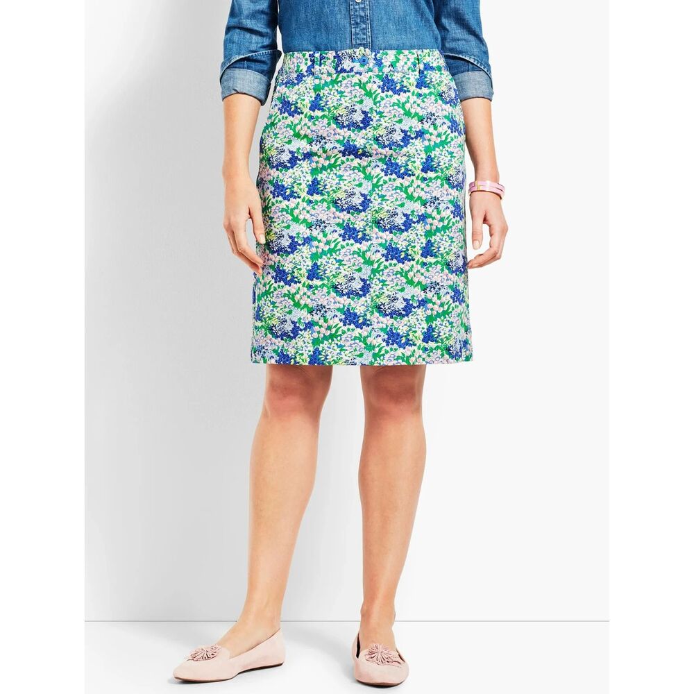 Talbots Pencil Skirt Size 10 Blue Green Pink Florals Lined Preppy Modest Stretch